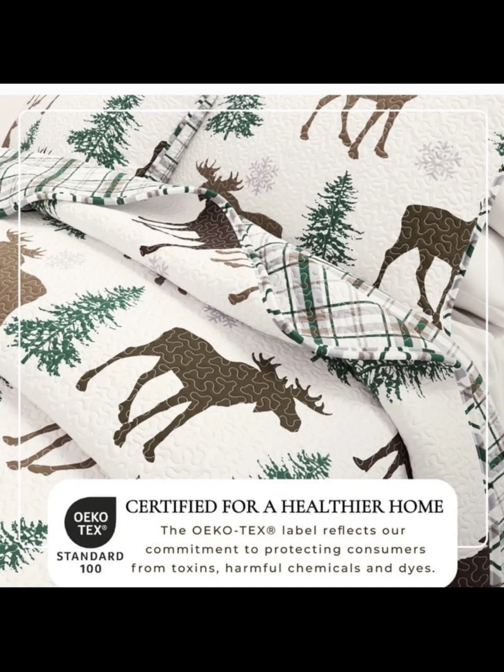 Rustic Moose Print Quilt Set - White and Green Twin microfiber
